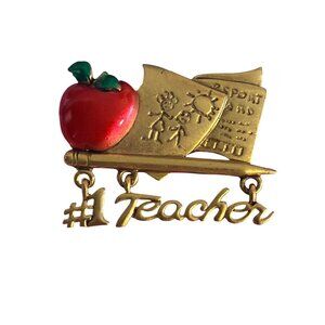 Vintage Danecraft Teacher Brooch Pin Red Green Enamel Dangles 2" Estate 18.17g